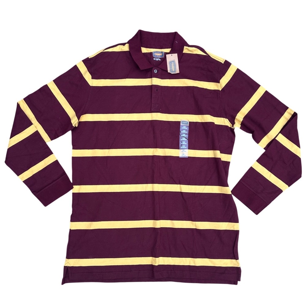 The Foundry Supply Co. Mens‎ XLT Burgundy Yellow Stripe Long Sleeve Polo Shirt